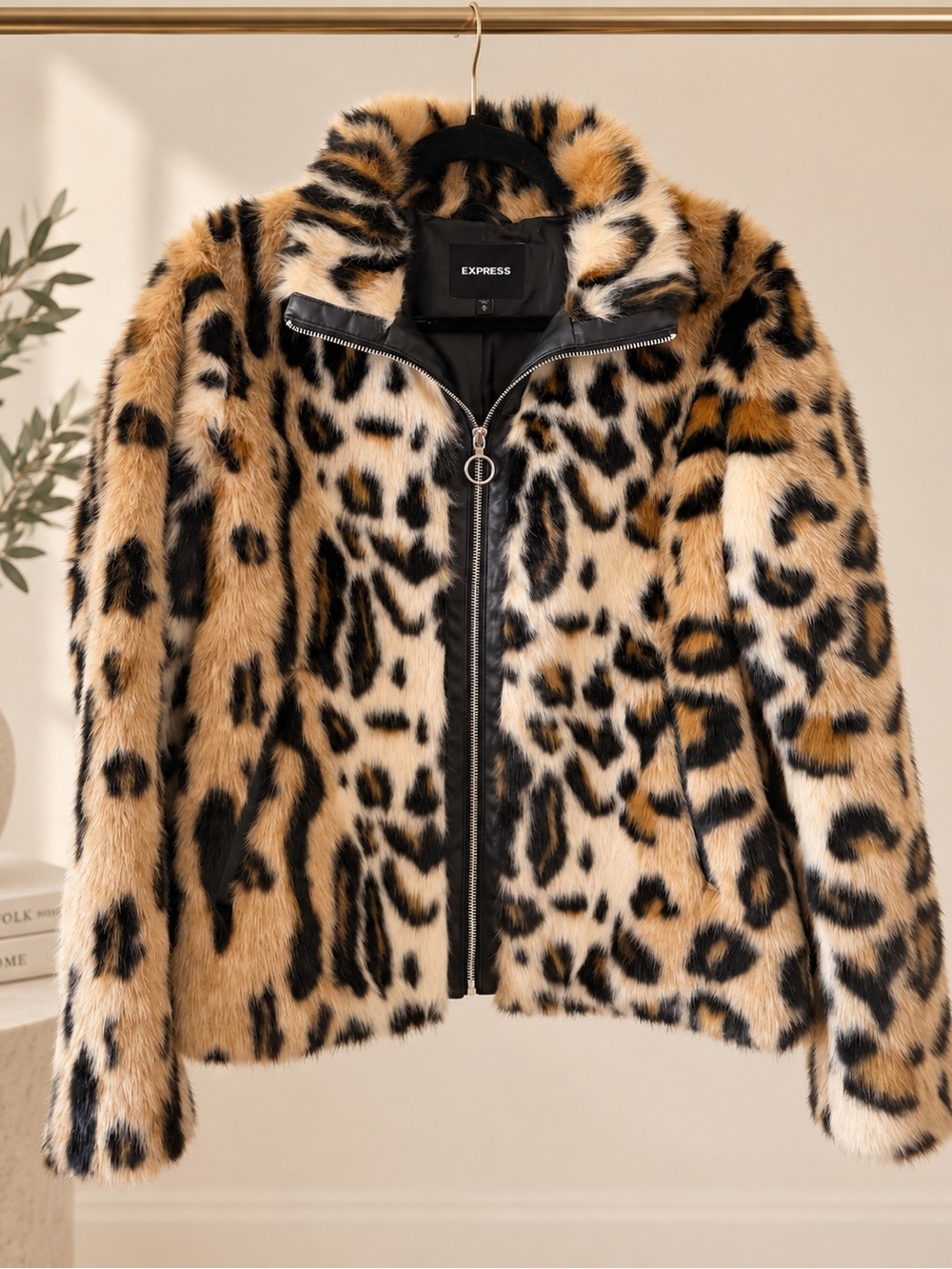 Express Leopard Faux Fur Zip-Up Jacket - Tan & Black